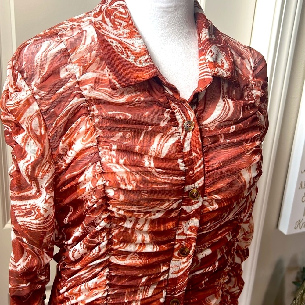 Chocolate brown gathered see through button long sleeve stretchy dress brown XL - Picture 8 of 8